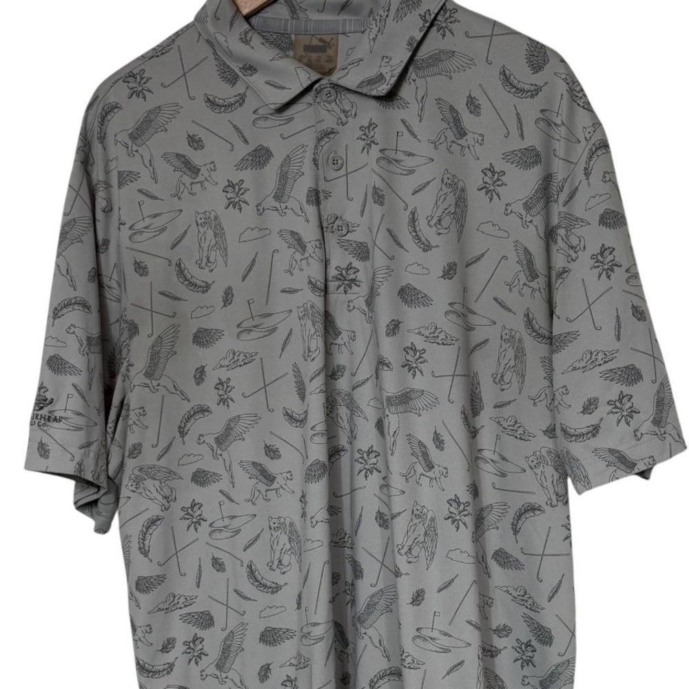 Puma Golf Mens XL Polo Shirt Grey Winged Puma Graphic Print Performance